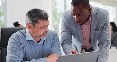 Buy stock photo Finance, laptop and talking with business men at desk in office for feedback, review or update. Computer, conversation and report with employee people in financial workplace for wealth management