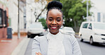 Crossed arms, happy and portrait of black woman in city with confidence for finance career. Smile, business and female financial manager with pride for about us with growth in urban town in Nigeria.