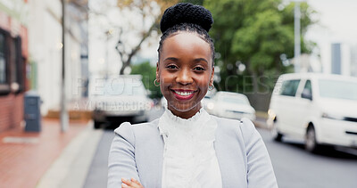Buy stock photo Crossed arms, happy and portrait of black woman in city with confidence for finance career. Smile, business and female financial manager with pride for about us with growth in urban town in Nigeria.