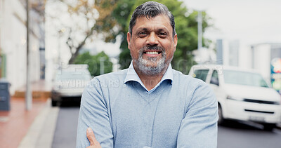 Buy stock photo Crossed arms, happy and portrait of businessman in city with confidence for finance career. Smile, business and mature male financial manager with pride for about us with opportunity in urban town.