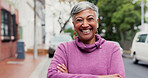 Arms crossed, laughing and portrait with business woman on city street for job satisfaction. Commute, confidence and funny with mature employee outdoor in urban town for development or opportunity