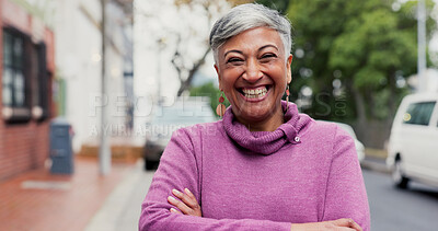Buy stock photo Arms crossed, laughing and portrait with business woman on city street for job satisfaction. Commute, confidence and funny with mature employee outdoor in urban town for development or opportunity