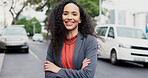 Crossed arms, happy and portrait of businesswoman in city with confidence for finance career. Smile, corporate and female financial manager with pride for about us with opportunity in urban town.