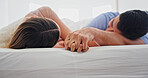 Love, relax and couple holding hands in bed for romantic morning, conversation or connection. Wake up, people or cozy in bedroom with bonding together, relationship affection or weekend break in home