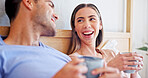 Love, coffee and laugh with  couple in bedroom of home for connection, morning and support. Commitment, drinking tea and relax with man and woman in bed in apartment for partner, trust and joke