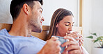 Love, coffee and smile with  couple in bedroom of home for connection, morning and support. Commitment, drinking tea and relax with man and woman in bed in apartment for partner, trust and care