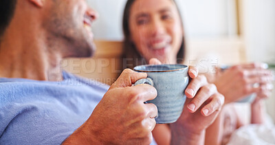 Buy stock photo Love, coffee and hands with couple in bedroom of home for connection, morning and support. Commitment, drinking tea and relax with man and woman in bed in apartment for partner, trust and care