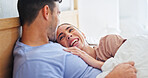 Laughing, love and relax with couple in bedroom of home for bonding, support and connection. Trust, romantic partner and happiness with man and woman in bed in house for wellness, joke and loyalty 