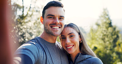 Buy stock photo Portrait, couple and selfie in nature for fitness, photography and social media post for bonding. Health, athlete and people in forest with smile, wellness and profile picture update for memory