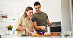 Tablet, cooking and support with couple in kitchen for food blog, planning lunch and research. Recipe, meal prep app and macro guide with man and woman in home for wellness, connection and menu