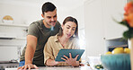 Tablet, search and recipe with couple in kitchen for food blog, planning lunch and research. Support, cooking app and macro guide with man and woman in home for wellness, connection and menu