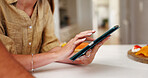 Tablet, hands and recipe with couple in kitchen for food blog, planning lunch and research. Support, cooking app and macro guide with man and woman in home for wellness, connection and menu