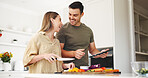 Tablet, cutting and recipe with couple in kitchen for food blog, planning lunch and research. Support, cooking app and macro guide with man and woman in home for wellness, connection and menu