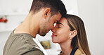 Cooking, kitchen and couple with forehead touch for bonding, marriage and connection together. Happy, love and man with woman for preparing food on date with care, safety and affection in apartment.