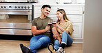 Wine, cheers and couple in kitchen at new home with conversation, bonding or celebration together. Happy, alcohol drink and man with woman for relax with discussion, connection or anniversary.