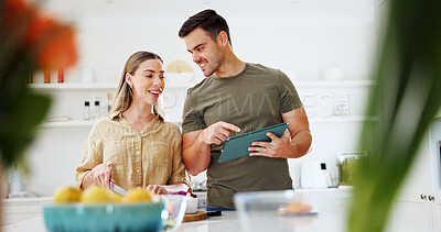Buy stock photo Tablet, cooking and recipe with couple in kitchen for food blog, planning lunch and research. Support, meal prep app and macro guide with man and woman in home for wellness, connection and menu