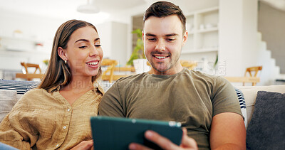 Buy stock photo Tablet, smile and relax with couple on sofa in home for streaming service, bonding and film app. Movie subscription, love and series platform with man and woman in living room for entertainment