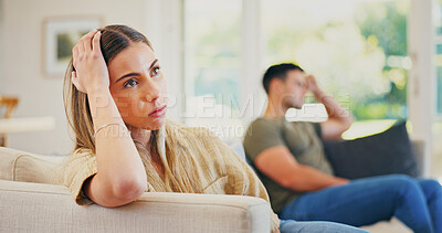 Buy stock photo Stress, argument and woman on sofa in home for conflict, breakup or cheating problem in marriage. Upset, couple and female person in living room with fighting, divorce or toxic relationship in house.