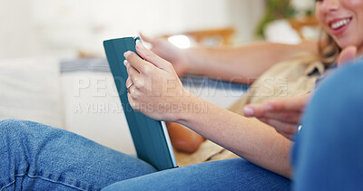 Buy stock photo Tablet, hands and relax with couple on sofa in home for streaming service, bonding and film app. Movie subscription, love and series platform with man and woman in living room for entertainment