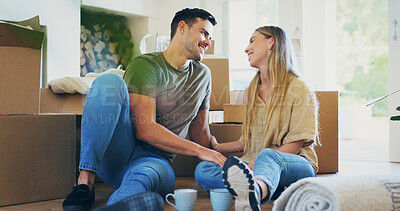 Buy stock photo Happy, couple and moving in house with boxes, connection and bonding together for property investment. People, dating and relax in dream home with love, real estate or new beginning for relationship.