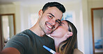 Couple, kiss and selfie in home with pregnancy test, bonding together and memories for parenthood. Portrait, married people and picture with affection for celebration, pregnant wife and social media.