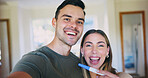 Portrait, couple and selfie in home with pregnancy test, bonding together and memories for parenthood. Happy, married people and photography with celebration, pregnant wife and post for social media.