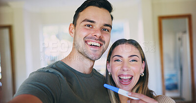 Buy stock photo Portrait, couple and selfie in home with pregnancy test, bonding together and memories for parenthood. Happy, married people and photography with celebration, pregnant wife and post for social media.