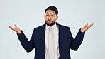 Confused, business and man in studio with portrait, uncertain or question for finance discrepancy. Unsure, person or expression for dont know, bookkeeping error and payment decline on blue background
