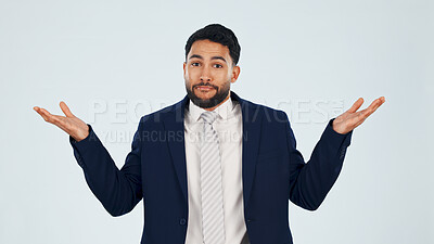 Buy stock photo Confused, business and man in studio with portrait, uncertain or question for finance discrepancy. Unsure, person or expression for dont know, bookkeeping error and financial fail on white background