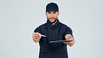 Sign, clipboard or delivery man with pen in studio for POD, logistics service or distribution. Space, give or courier portrait with receipt on white background for shipping, confirmation or signature