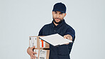 Sign, clipboard or delivery man with boxes in studio for POD, logistics service and supply chain. Receipt, give or courier portrait on white background space to confirm parcel, signature or shipping