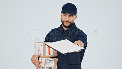 Buy stock photo Sign, clipboard or delivery man with boxes in studio for POD, logistics service and supply chain. Receipt, give or courier portrait on white background space to confirm parcel, signature or shipping