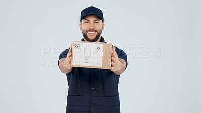 Buy stock photo Shipping, delivery man and smile with boxes in studio for package, safe transport or supply chain. Space, happy courier and giving parcel on white background for logistics, distribution and portrait