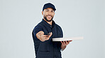 Box, delivery man and phone payment in studio for cod takeout order, service fee or distribution. Space, courier portrait or mobile app on white background for fast food, takeaway charge or ecommerce