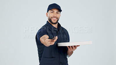 Buy stock photo Box, delivery man and phone payment in studio for cod takeout order, service fee or distribution. Space, courier portrait or mobile app on white background for fast food, takeaway charge or ecommerce