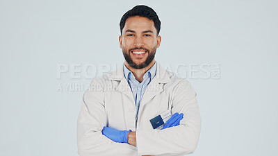 Buy stock photo Happy, portrait or scientist with arms crossed, medical expert or about us in pharmaceutical industry. Smile, space or man with confidence, chemist career or science researcher on studio background.