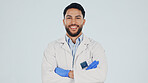 Pride, portrait or scientist with arms crossed, scientific expert or about us in medical industry. Happy, space or man with confidence, pharmaceutical profession or researcher on studio background.