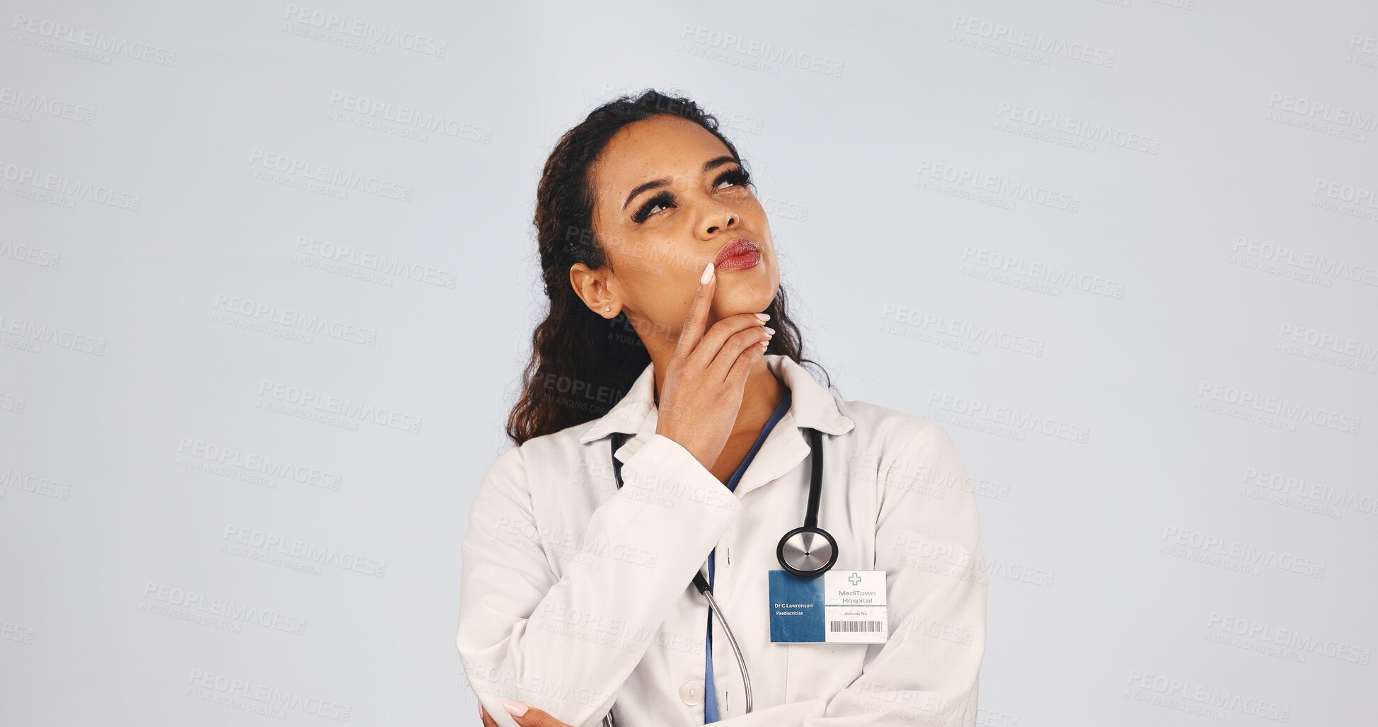Buy stock photo Doctor, woman and thinking in studio with decision, brainstorming and insight for medical diagnosis. Space, person and healthcare worker with problem solving, plan or inspiration on white background.