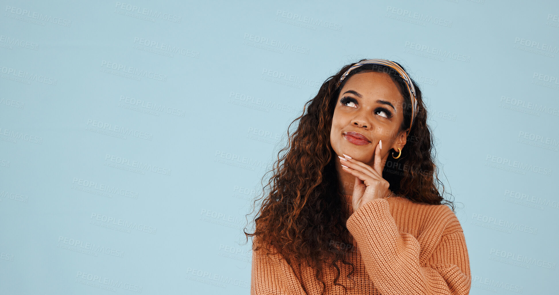 Buy stock photo Thinking, space and woman in studio with ideas, problem solving or brainstorming on decision. Choice, planning and female person by blue background with solution, memory or reflection for question.