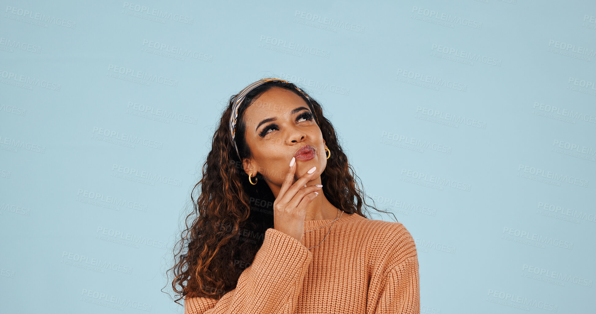 Buy stock photo Planning, space and woman in studio with ideas, problem solving or brainstorming on decision. Choice, thinking and female person by blue background with solution, memory or reflection for question.