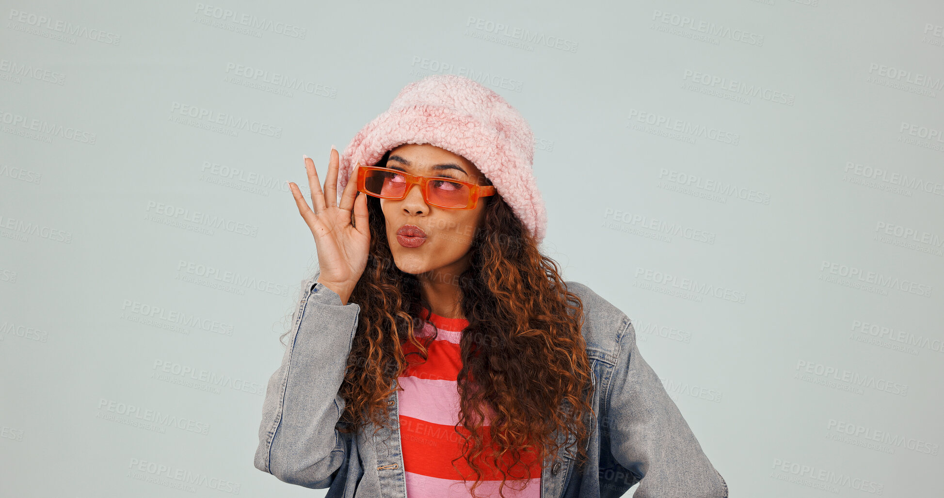 Buy stock photo Thinking, woman and fashion in studio with sunglasses, casual clothes and streetwear style. Mockup space, female person and pout with trendy eyewear, retro outfit and aesthetic on white background