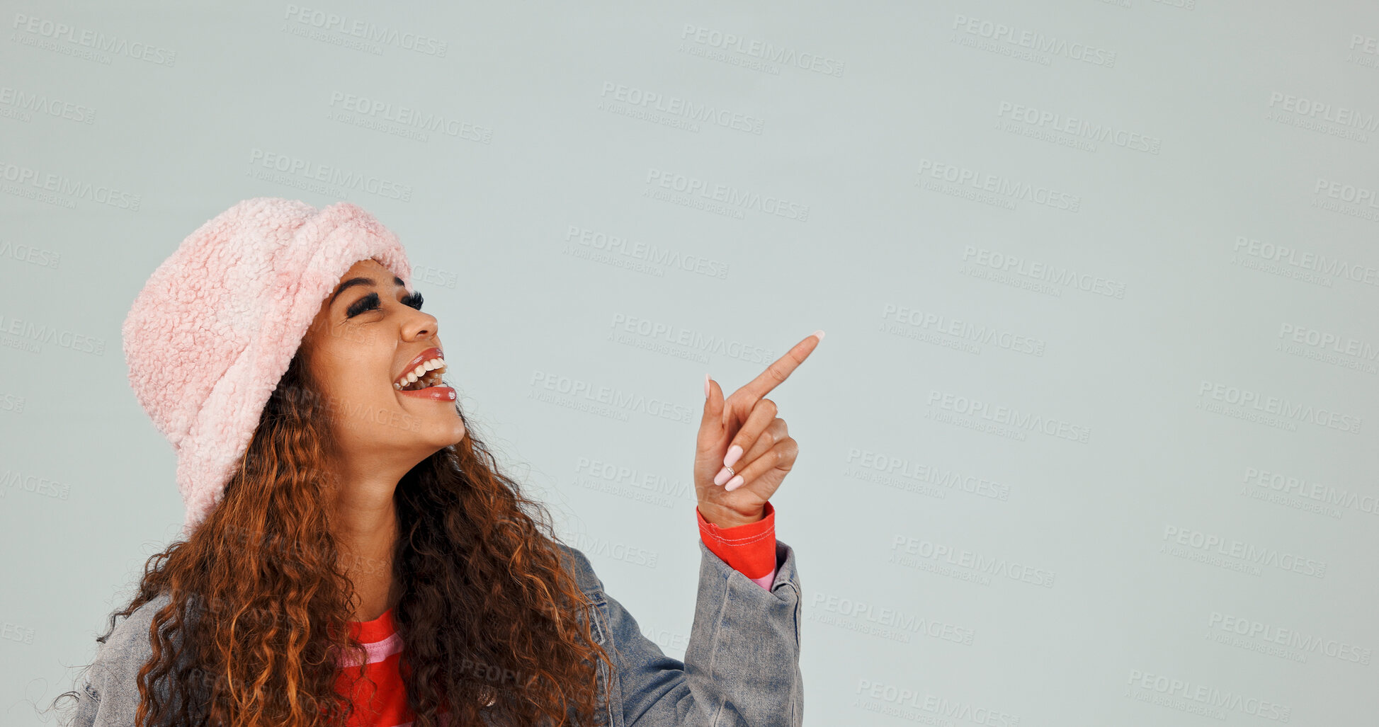 Buy stock photo Laugh, studio and woman by mockup space for offer, news or announcement for advertising. Happy, pointing and person with presentation gesture for information with marketing by white background.