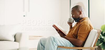 Buy stock photo Relax, coffee or black man in house with reading book, calm moment or literature hobby on weekend break. Chill, space or mature person with warm drink, fantasy story or peaceful activity on day off.