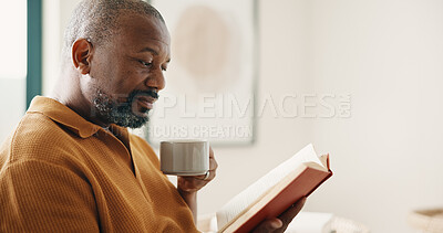 Buy stock photo Relax, coffee or black man in home with reading book, calm moment or literature hobby on weekend break. Chill, space or mature person with warm drink, fantasy story or peaceful activity on day off.