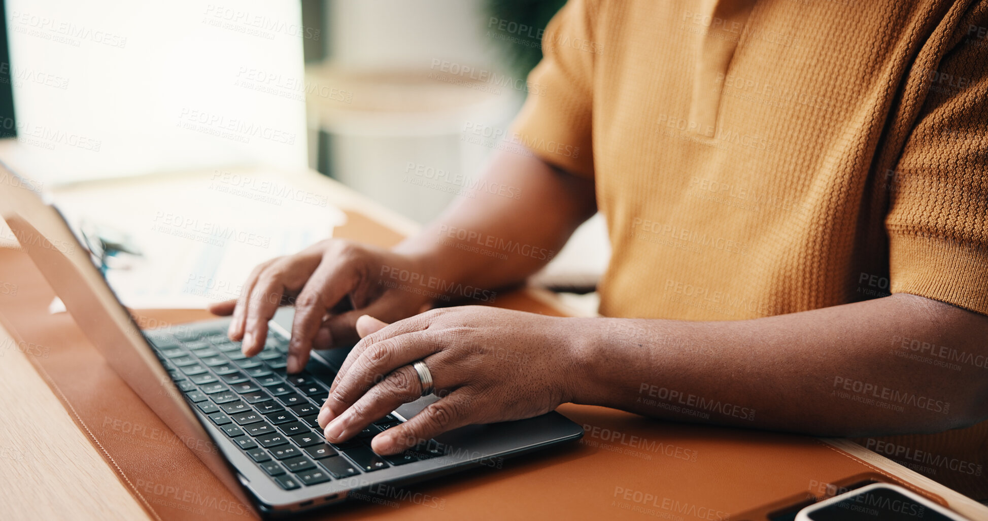 Buy stock photo Man, hands and typing with laptop in home for online research, report or journalism on desk. Male person, journalist or writer with computer for network connection, communication or article in house
