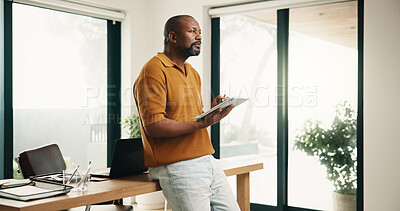 Buy stock photo Man, thinking and remote work in home office with tablet, stylus and creativity for graphic design. Mature, black person or freelancer designer in house with tech, planning or inspiration for project