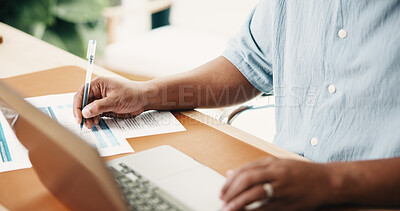 Buy stock photo Businessman, hands and laptop with paperwork for writing report, check budget and proposal in office. Person, document notes and computer in workplace with financial planning, review and bookkeeping.