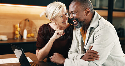Buy stock photo Mature, couple and laugh in home with laptop, funny joke and website for booking holiday together. Happy, interracial marriage and people in house with computer, humor and reservation for vacation.
