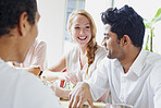 Conversation, happy and group of friends in cafe for bonding, catch up or social gathering. Smile, talking and people on break together in morning with discussion or connection in restaurant.