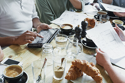 Buy stock photo Hands, tablet and documents in cafe with meeting, remote work and blueprint for interior design team. Designer, people and tech in coffee shop with floor plan, brainstorming and renovation project.